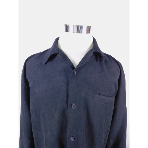 Bazzi Shirt Mens XL Navy Blue Long Sleeve Button Front Suede-Like Polyester - Picture 2 of 11